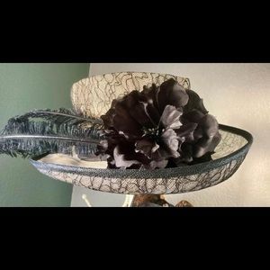 Women’s Feather, Lace and with Rose Black and Cream Elegant Hat